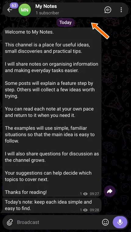 The My Notes channel in Telegram Web, with an arrow pointing to its name.