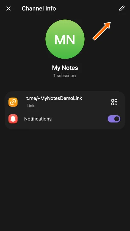 Channel Info in Telegram Web, with an arrow pointing to the pencil icon.