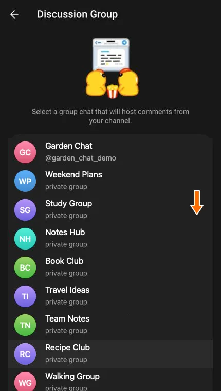 The Discussion Group list with an arrow pointing to Notes Hub.