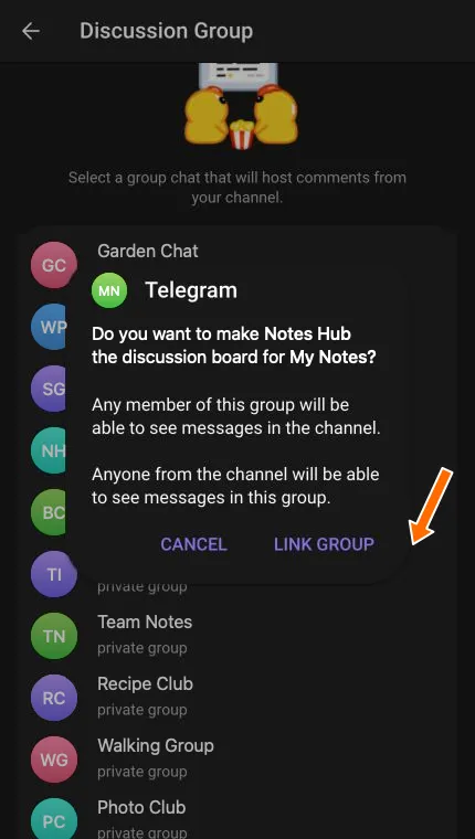 The Telegram confirmation dialog for linking Notes Hub to My Notes, with an arrow pointing to Link Group.