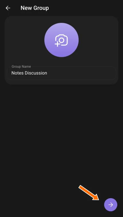 The New Group screen with Notes Discussion in Group Name and an arrow pointing to the round right-arrow button.