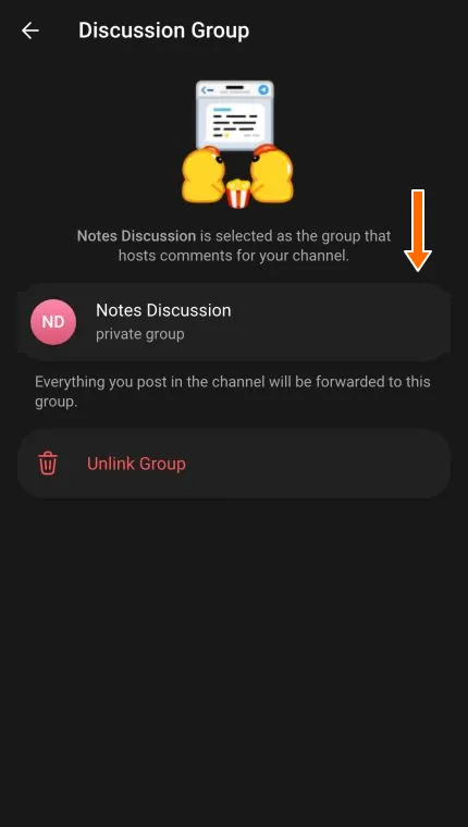 The Discussion Group screen confirming Notes Discussion as the linked group.
