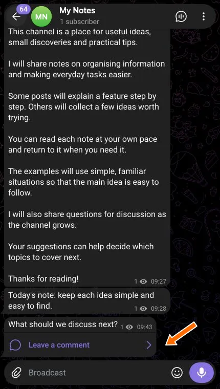 A new My Notes post with a Leave a comment button underneath.