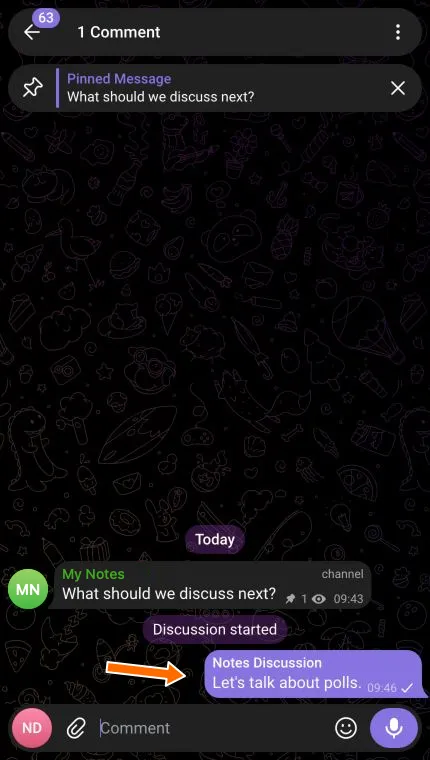 A Telegram post thread showing 1 Comment and the reply Let’s talk about polls.