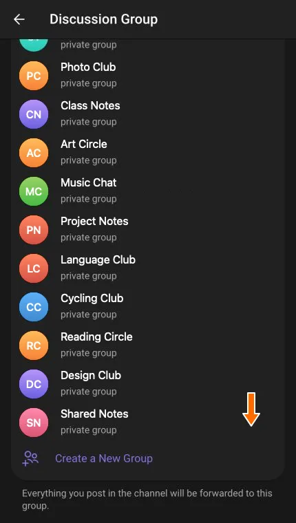 The bottom of the Discussion Group list, with an arrow pointing to Create a New Group.