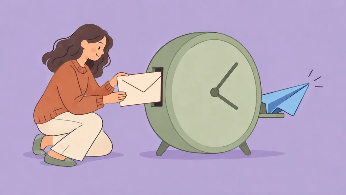 A woman puts a letter into a large clock while a paper airplane waits beside it.