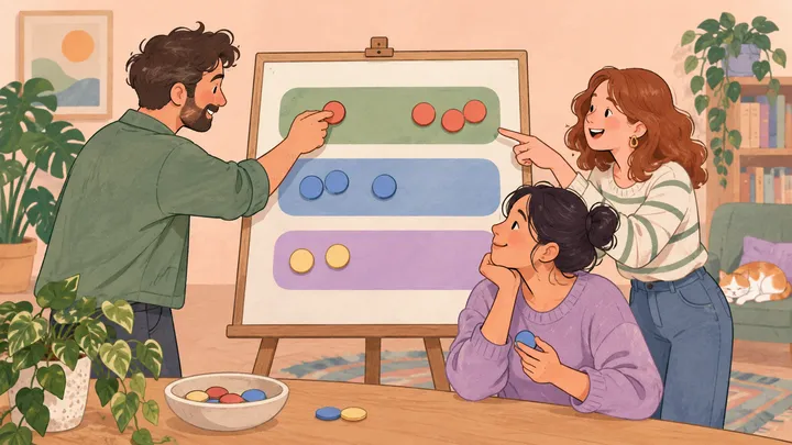 Three people choose options on a shared voting board.