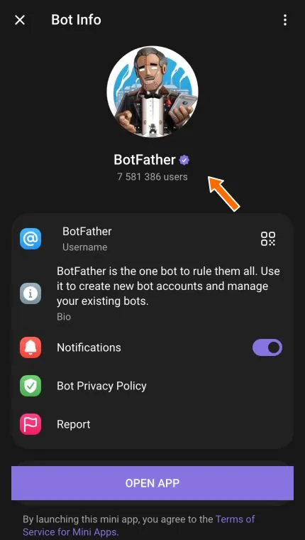 Official BotFather profile with an arrow pointing to its verification badge