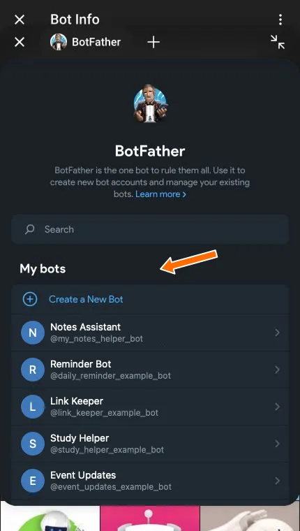 BotFather home screen with an arrow pointing to Create a New Bot