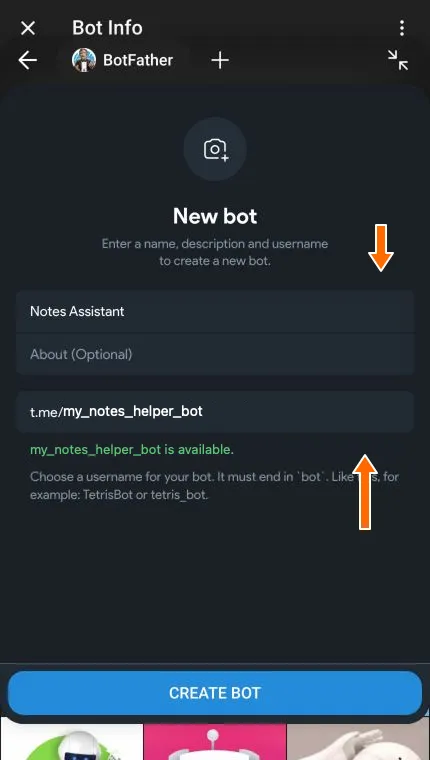 Bot registration form with a name and an available username