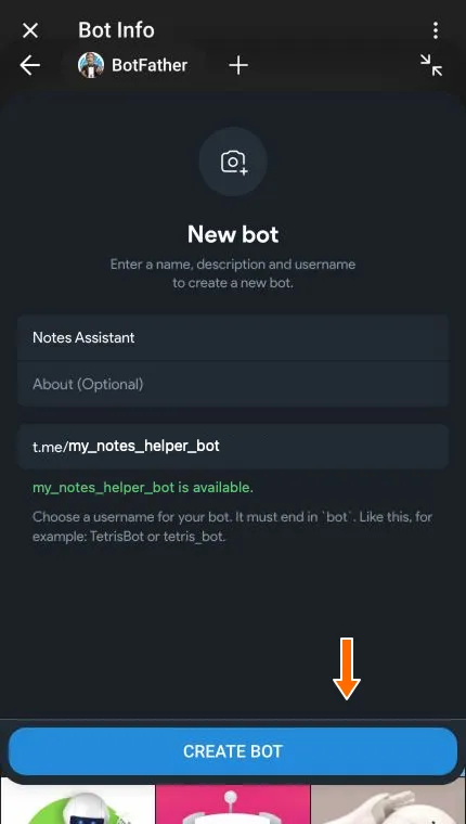 Completed registration form with an arrow pointing to Create Bot