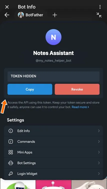 Bot management page with the token hidden and an arrow pointing to Copy