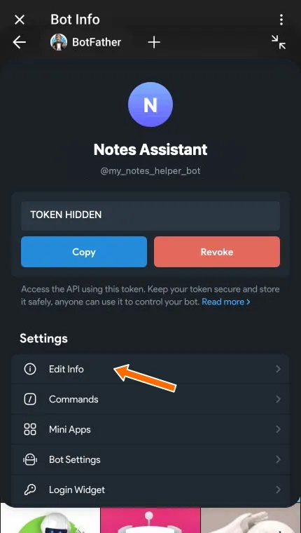 Bot management page with an arrow pointing to Edit Info