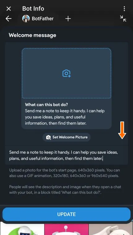 Enter bot description field and its welcome-message preview