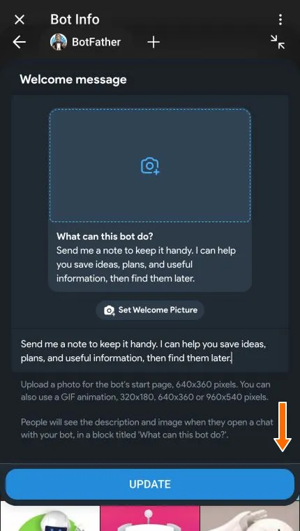 Profile settings with an arrow pointing to Update