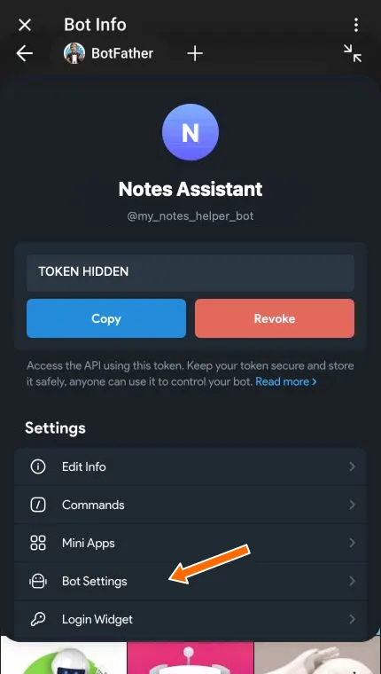 Bot management page with an arrow pointing to Bot Settings