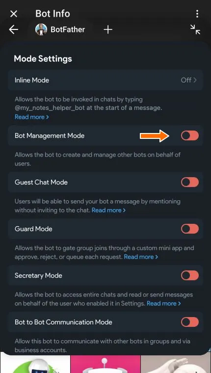 Inline Mode, Bot Management Mode, Guest Chat Mode, and Guard Mode settings