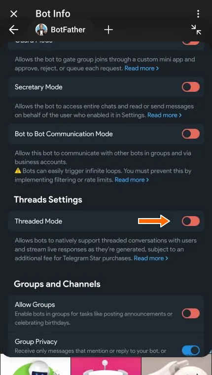 Secretary Mode, bot-to-bot communication, and Threaded Mode settings